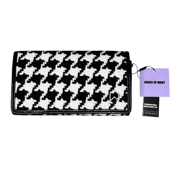 House Of Want Black White Houndstooth Gold Hardware Crossbody Wallet NWT Purse - Picture 2 of 12